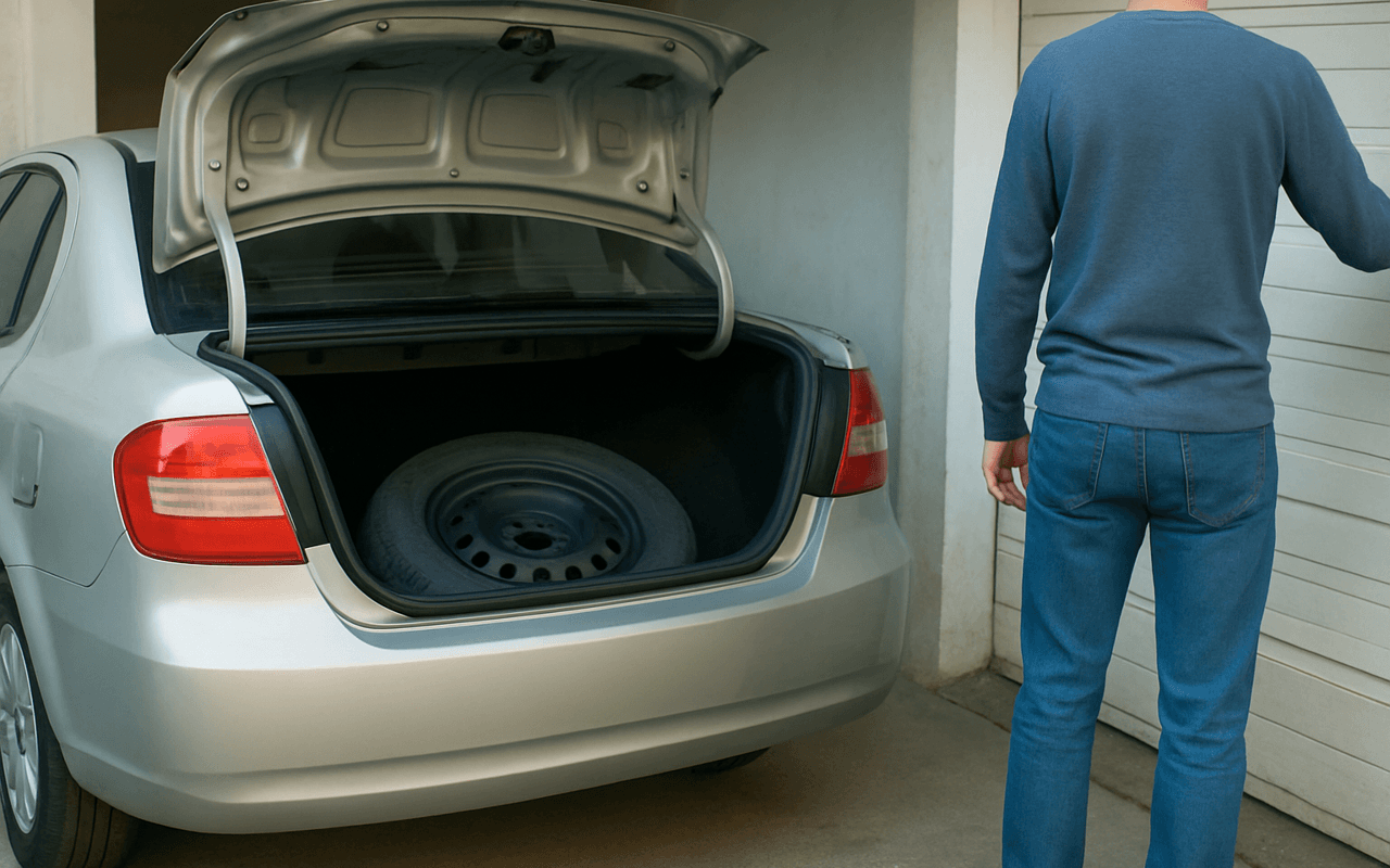 Porta-malas de carro aberto mostrando um pneu estepe bem cuidado e uma pessoa ao lado fechando a garagem, representando a reserva de emergência guardada para imprevistos.
