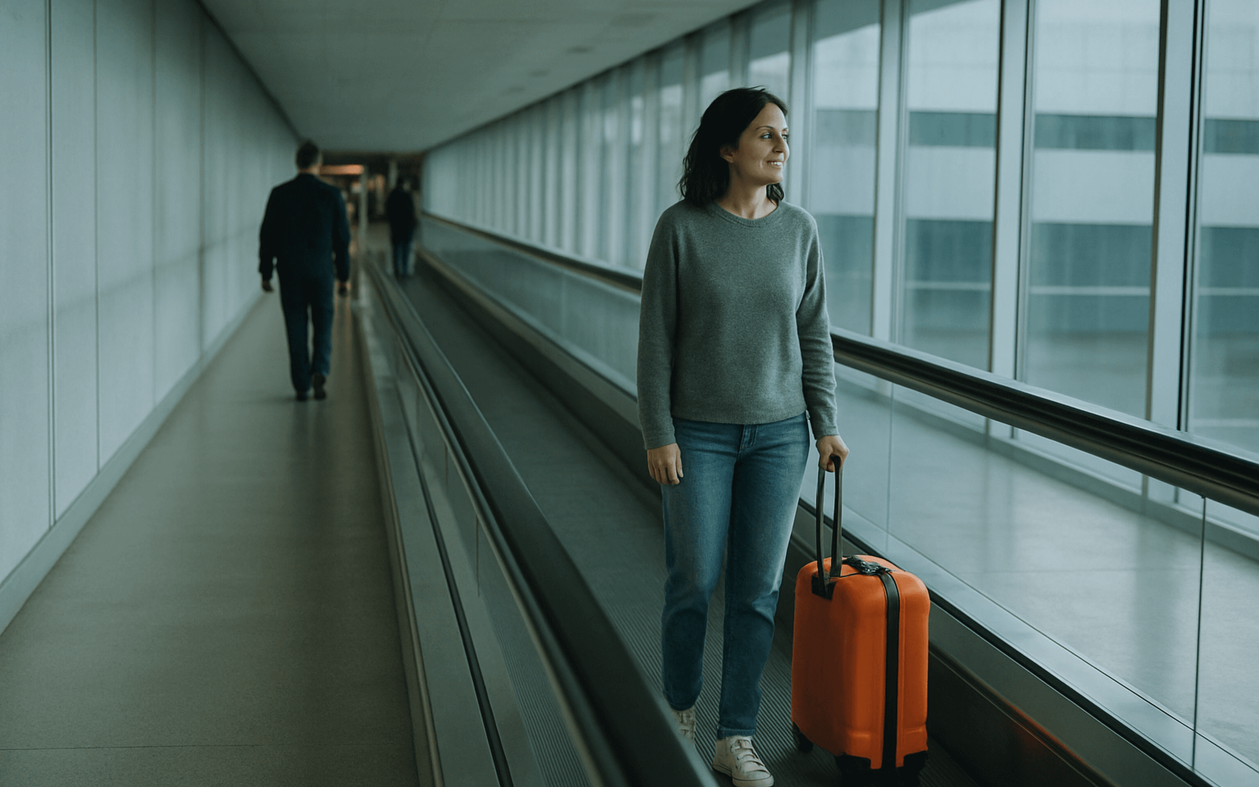 Mulher parada sobre a esteira rolante de um corredor envidraçado de aeroporto, com uma mala laranja ao lado