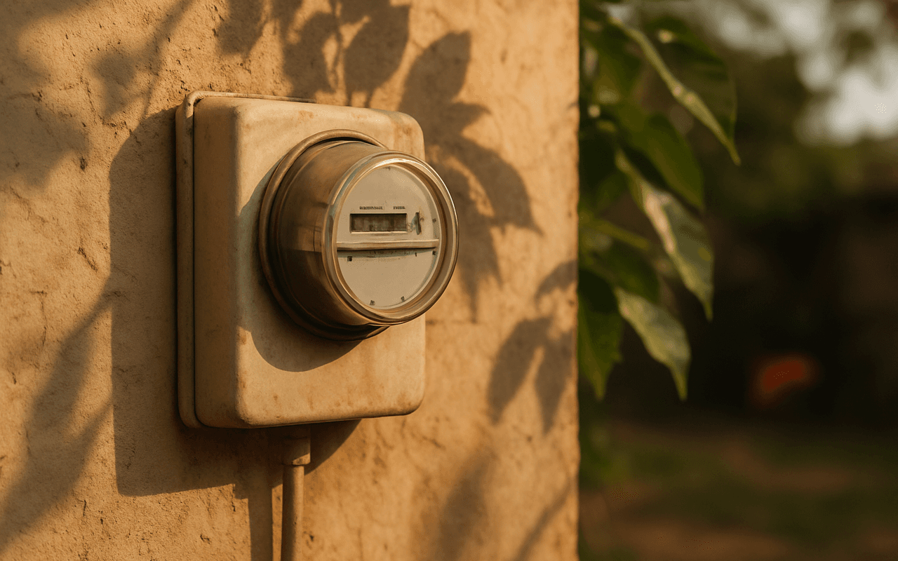 Medidor de energia elétrica na parede externa de uma casa, em luz quente de fim de tarde