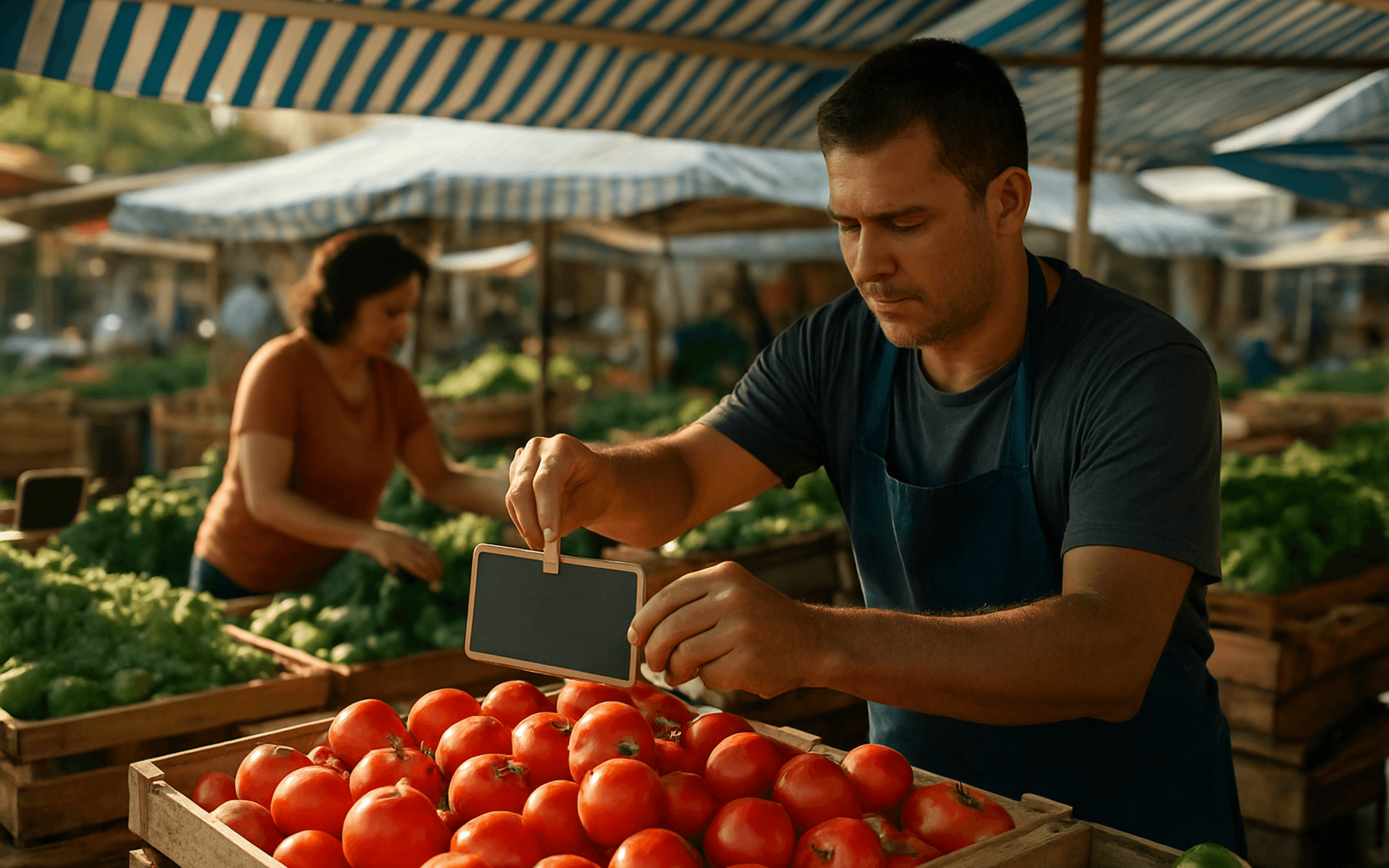 Feirante pendurando uma plaquinha de preço em branco sobre um caixote de tomates numa feira livre pela manhã