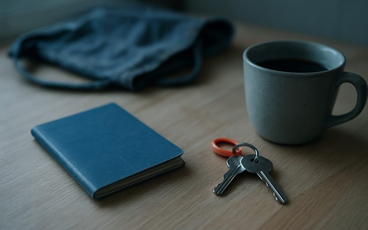 Carteira azul, molho de chaves com chaveiro laranja e caneca de café sobre uma bancada de madeira clara em uma manhã de luz fria