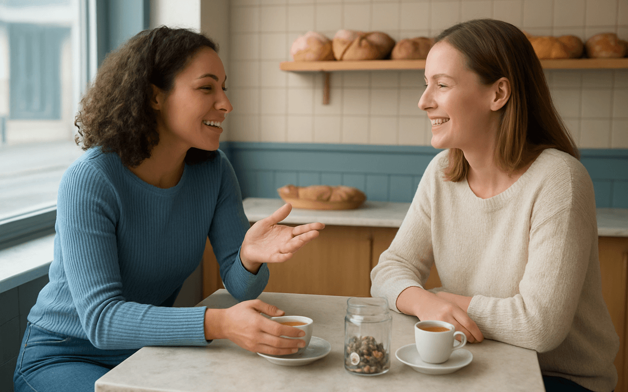 Duas amigas conversando sobre contas em um balcão de padaria pela manhã, com xícaras de café e um pote de moedas sobre o mármore