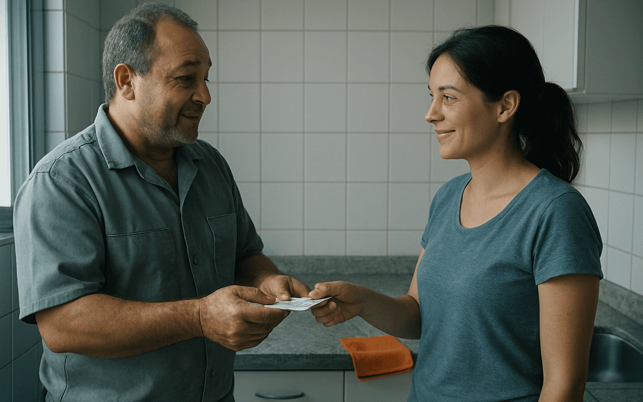 Encanador entrega um recibo de papel a uma moradora na cozinha, em luz de manhã