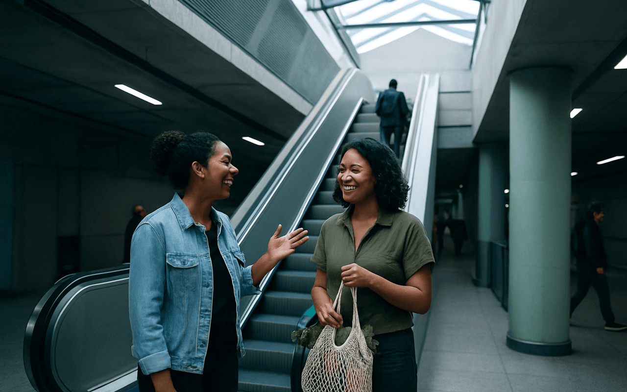 Duas mulheres conversando e rindo ao pé de uma escada rolante numa estação de metrô, uma delas com uma sacola de feira