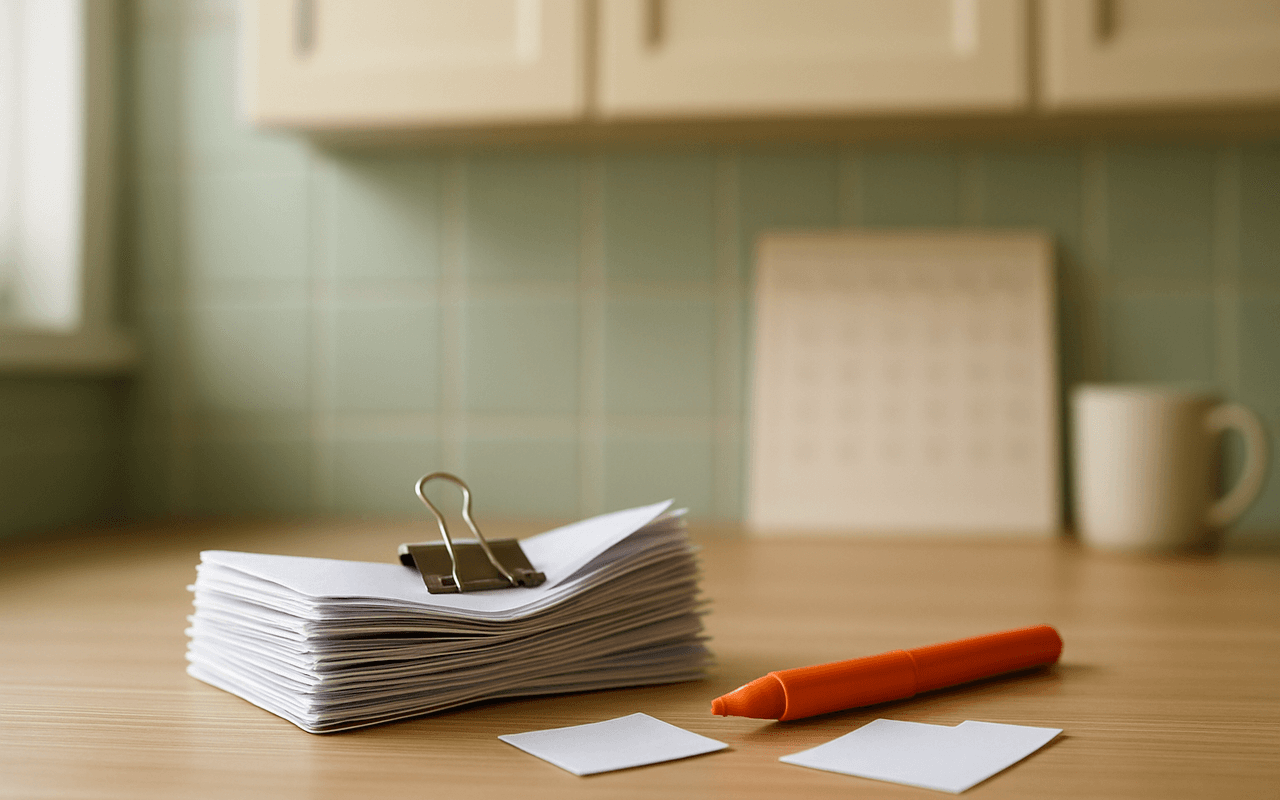 Pilha de contas de papel presa por um clipe metálico sobre a bancada de uma cozinha, com um marcador laranja ao lado e um calendário desfocado ao fundo
