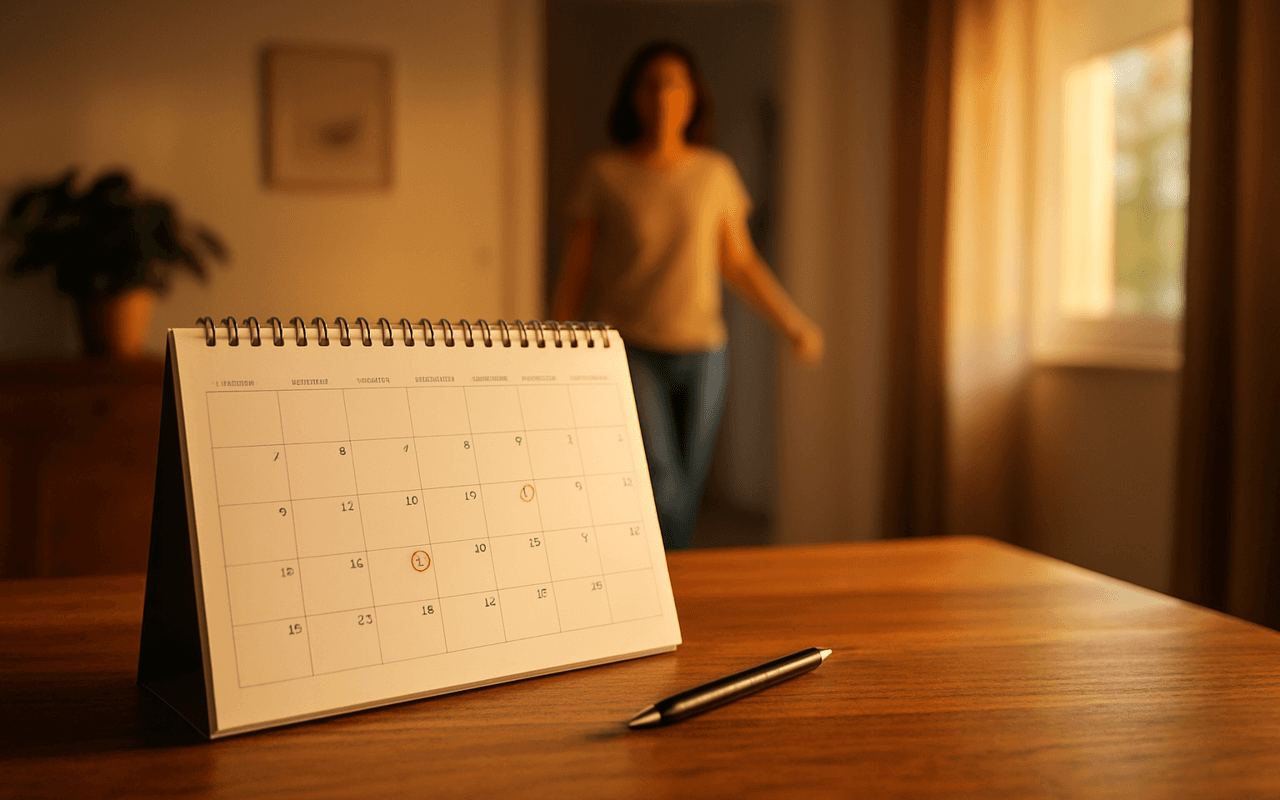 Calendário de mesa aberto com datas circuladas, representando os pagamentos recorrentes do mês.