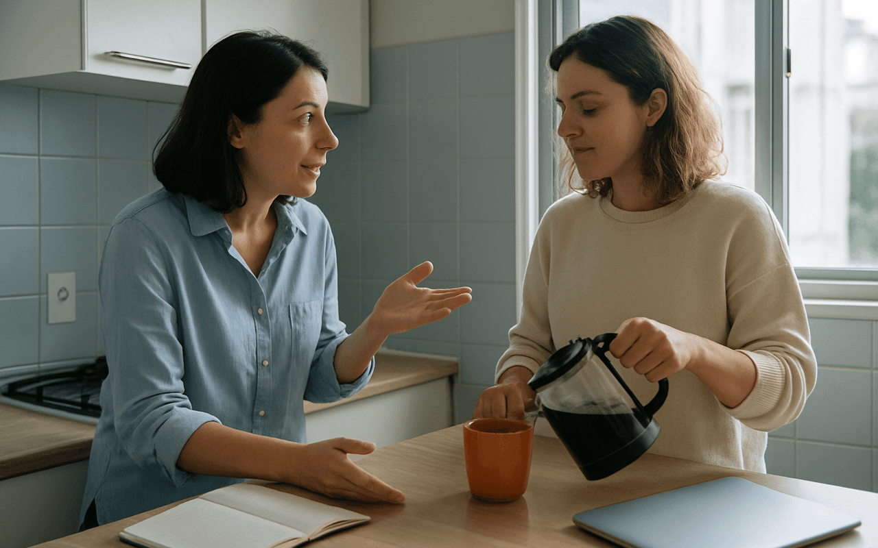 Duas pessoas conversando de pé na bancada de uma cozinha em uma manhã clara, com caderno aberto e caneca laranja