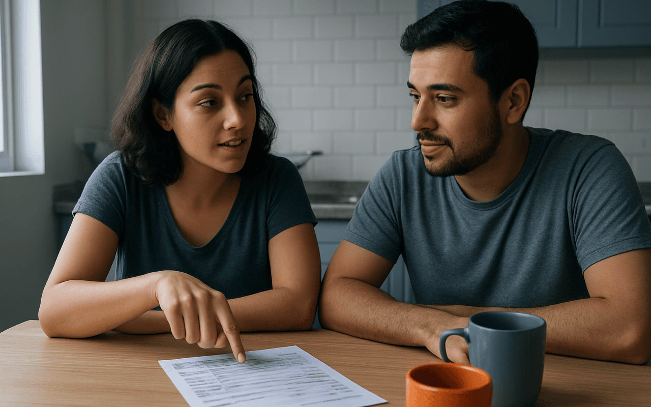 Casal conversando na mesa da cozinha de manha enquanto olha um extrato bancario