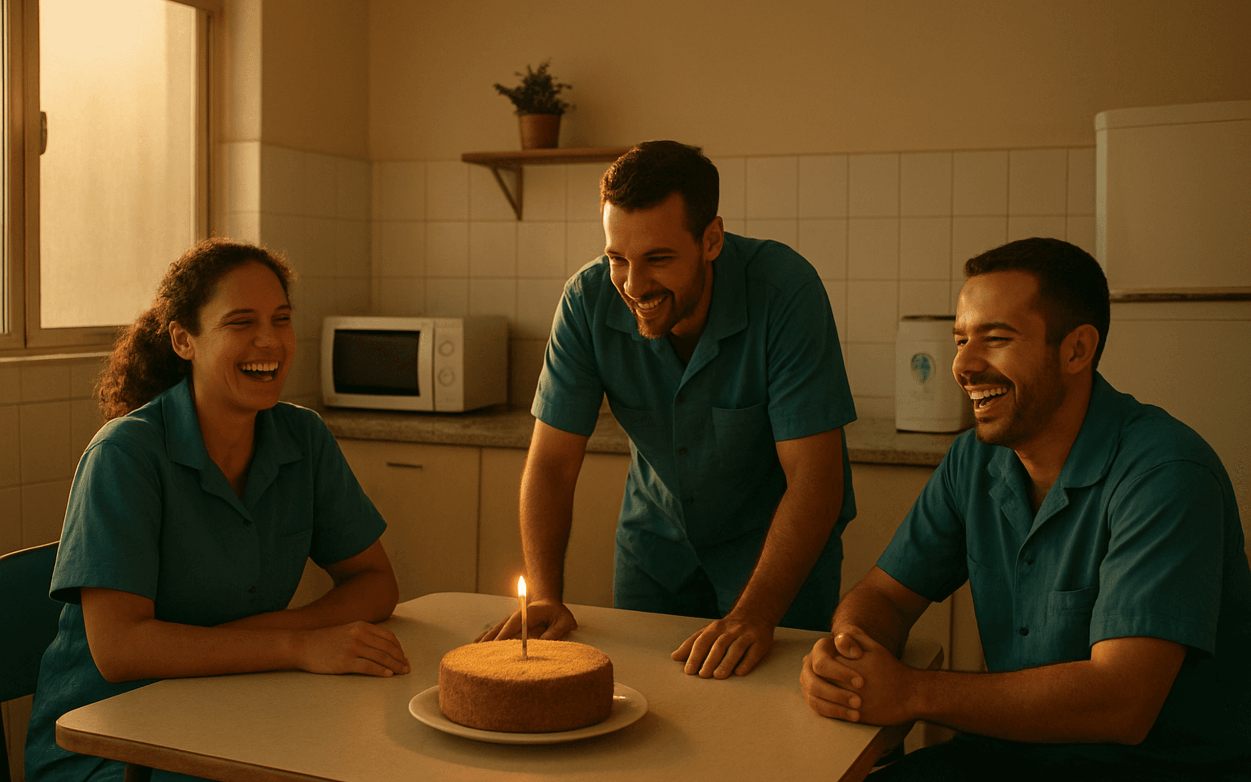 Três colegas de uniforme rindo em volta de um bolo de aniversário com uma vela acesa, na copa de uma empresa, no fim da tarde