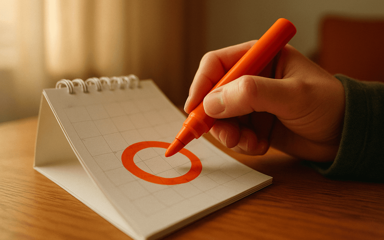 Mão segurando caneta marcadora laranja e circulando uma data em um calendário de mesa de papel