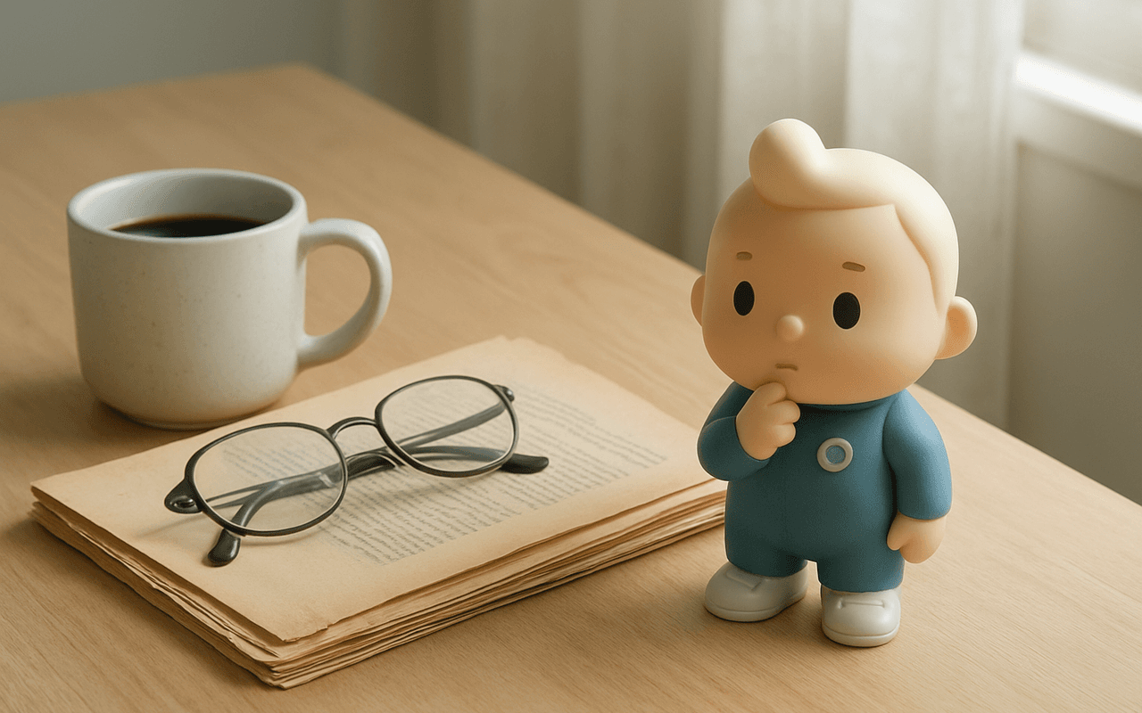 Óculos de leitura sobre uma pasta antiga de documentos numa mesa de madeira clara, ao lado de uma xícara de café.