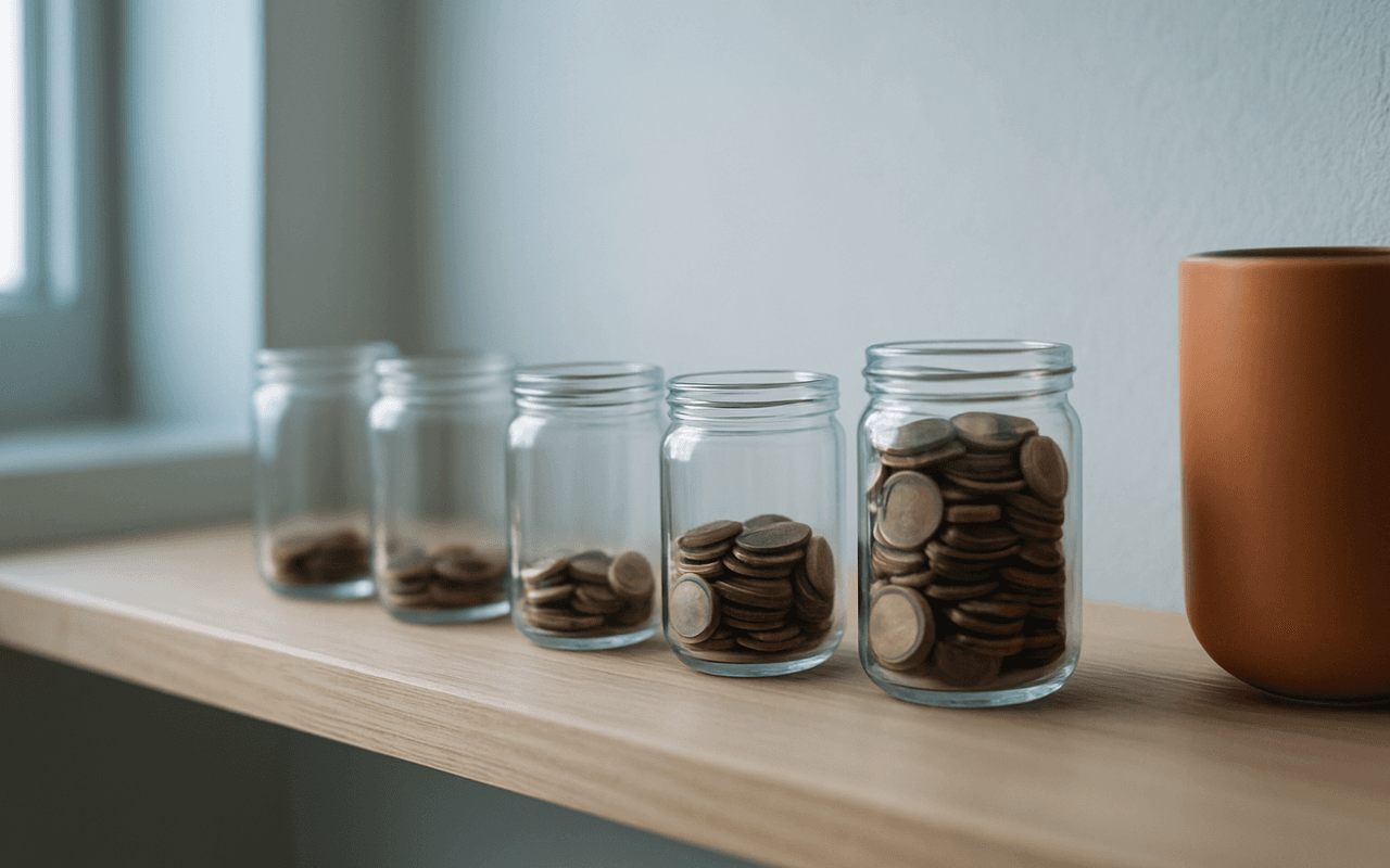 Seis potes de vidro numa prateleira de cozinha, cada um com uma quantidade diferente de moedas